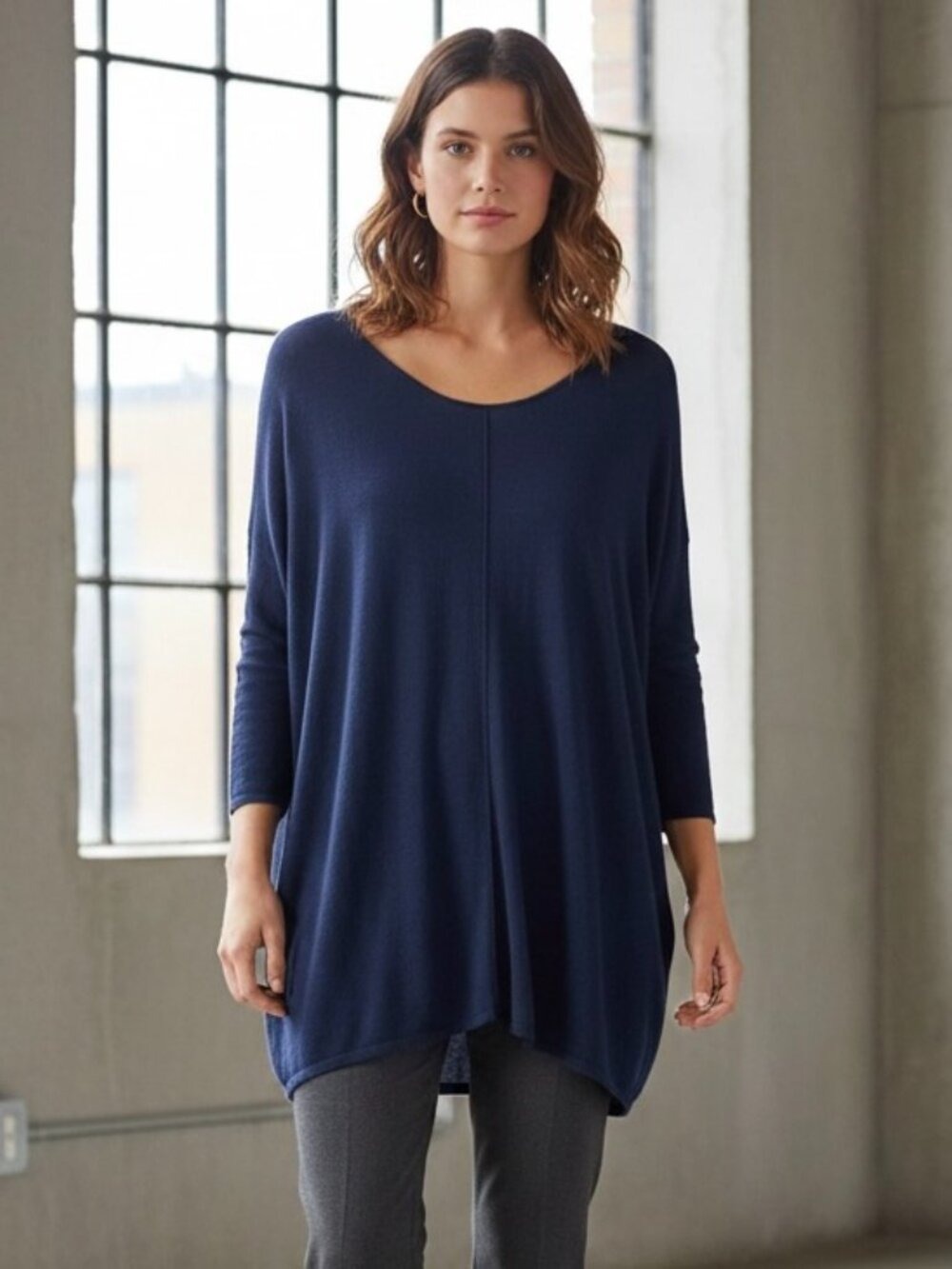** Filippa K Navy Silk/Cashmere/Tencel Oversized Box Sweater w/ Center Seam XS